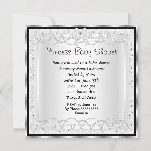 プリンセスベビーシャワーガールシルバーホワイトシューズ3 招待状 (裏面)