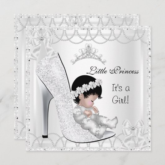 プリンセスベビーシャワーガールシルバーホワイトシューズ 招待状 (正面/裏面)