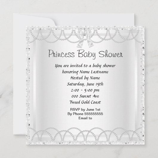 プリンセスベビーシャワーガールシルバーホワイトシューズ 招待状 (裏面)