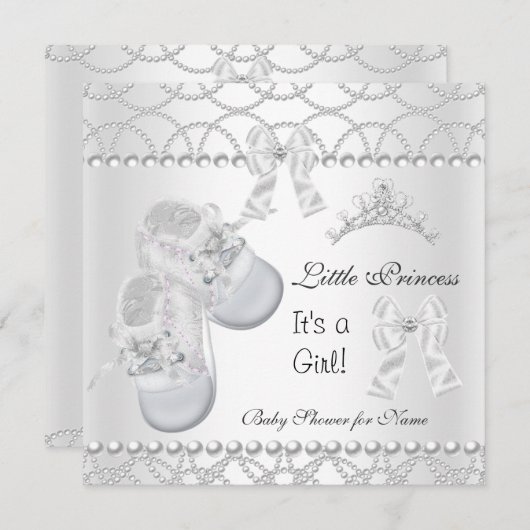 プリンセスベビーシャワーガールシルバーホワイトシューズ 招待状 (正面/裏面)