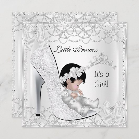 プリンセスベビーシャワーガールシルバーホワイトパール 招待状 (正面/裏面)