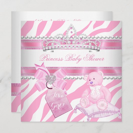 プリンセスベビーシャワーガールゼブラピンクホワイトベア 招待状 (正面/裏面)