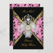 プリンセスベビーシャワーガールダマスクブラックピンク 招待状 (正面/裏面)