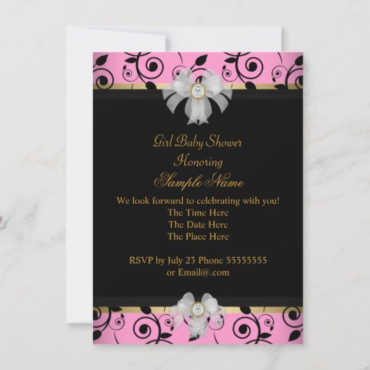 プリンセスベビーシャワーガールダマスクブラックピンク 招待状 (裏面)