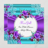 プリンセスベビーシャワーガールティール(緑がかった色)パープルフローラ3 招待状 (正面/裏面)