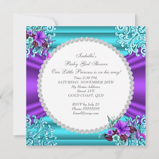 プリンセスベビーシャワーガールティール(緑がかった色)パープルフローラ3 招待状 (裏面)