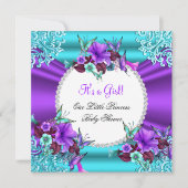 プリンセスベビーシャワーガールティール(緑がかった色)パープルフローラ3 招待状 (正面)