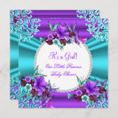 プリンセスベビーシャワーガールティール(緑がかった色)パープルフローラ4 招待状 (正面/裏面)