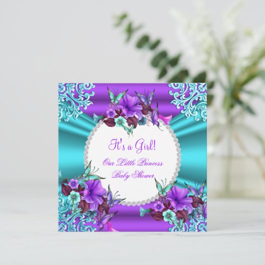 プリンセスベビーシャワーガールティール（緑がかった色）パープルフローラ4 招待状 (スタンド正面)