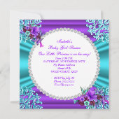 プリンセスベビーシャワーガールティール(緑がかった色)パープルフローラ4 招待状 (裏面)