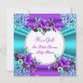 プリンセスベビーシャワーガールティール（緑がかった色）パープルフローラ4 招待状 (正面)