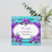 プリンセスベビーシャワーガールティール（緑がかった色）パープルフローラ 招待状 (スタンド正面)