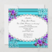プリンセスベビーシャワーガールティール（緑がかった色）パープルフローラ 招待状 (裏面)