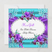 プリンセスベビーシャワーガールティール（緑がかった色）パープルフローラ 招待状 (正面)