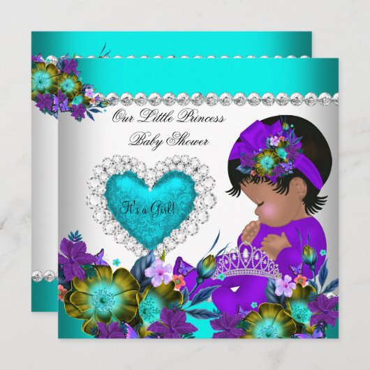 プリンセスベビーシャワーガールティール（緑がかった色）ブルーハート紫 招待状 (正面/裏面)