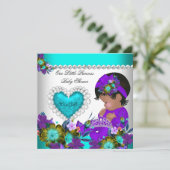 プリンセスベビーシャワーガールティール(緑がかった色)ブルーハート紫 招待状 (スタンド正面)