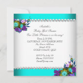 プリンセスベビーシャワーガールティール(緑がかった色)ブルーハート紫 招待状 (裏面)