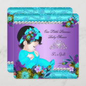 プリンセスベビーシャワーガールティール(緑がかった色)ブルーパープルダマスク 招待状 (正面/裏面)