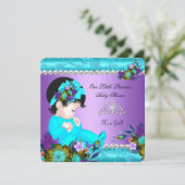 プリンセスベビーシャワーガールティール(緑がかった色)ブルーパープルダマスク 招待状 (スタンド正面)