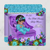 プリンセスベビーシャワーガールティール(緑がかった色)ブルーパープルチェア 招待状 (正面/裏面)
