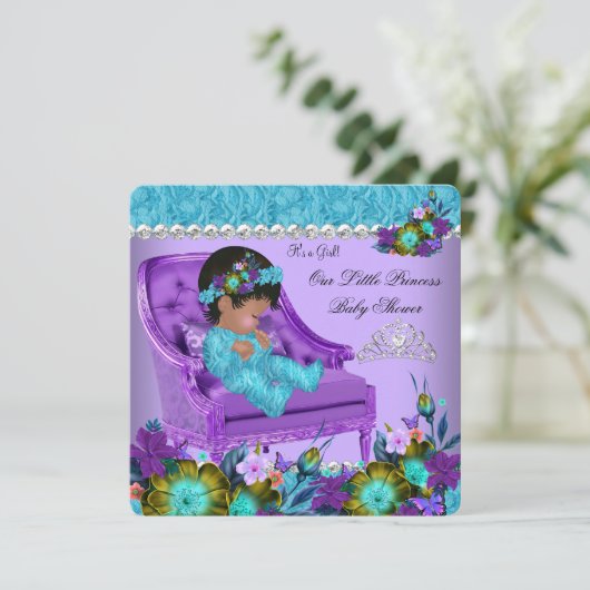 プリンセスベビーシャワーガールティール(緑がかった色)ブルーパープルチェア 招待状 (スタンド正面)