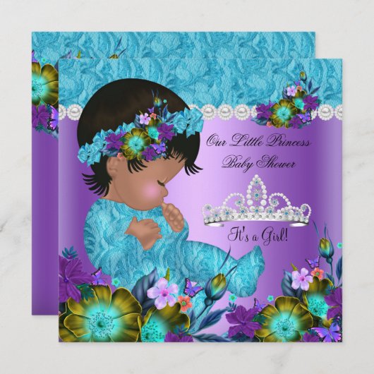 プリンセスベビーシャワーガールティール（緑がかった色）ブルーパープルニュー 招待状 (正面/裏面)