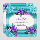 プリンセスベビーシャワーガールティール（緑がかった色）ブルーパープルフローラ 招待状 (正面/裏面)