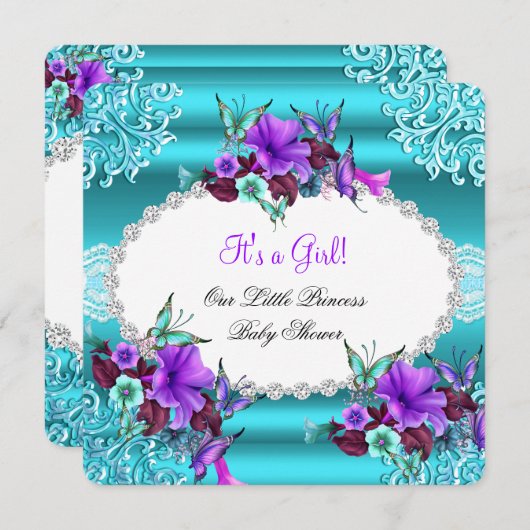 プリンセスベビーシャワーガールティール（緑がかった色）ブルーパープルフローラ 招待状 (正面/裏面)