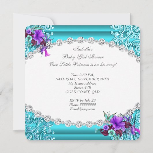 プリンセスベビーシャワーガールティール（緑がかった色）ブルーパープルフローラ 招待状 (裏面)