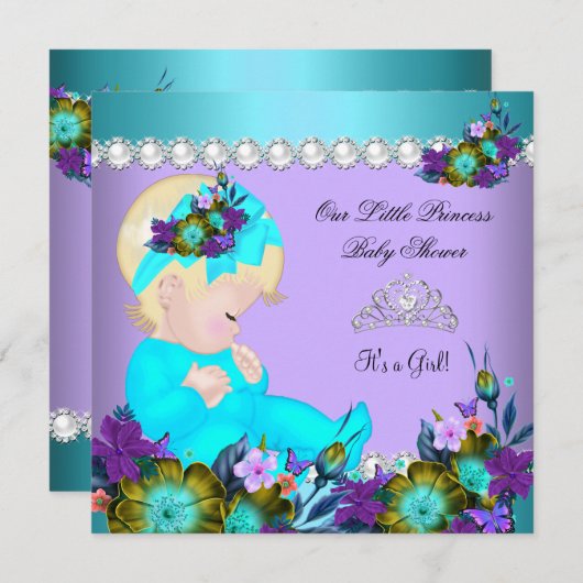 プリンセスベビーシャワーガールティール(緑がかった色)ブルーパープルブロンド 招待状 (正面/裏面)