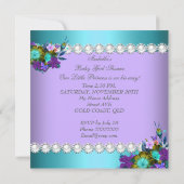 プリンセスベビーシャワーガールティール（緑がかった色）ブルーパープルブロンド 招待状 (裏面)