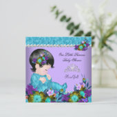 プリンセスベビーシャワーガールティール(緑がかった色)ブルーパープル2 招待状 (スタンド正面)