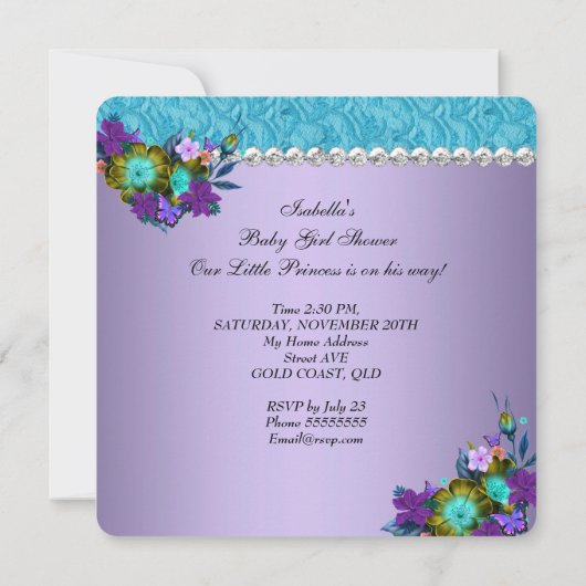 プリンセスベビーシャワーガールティール（緑がかった色）ブルーパープル3 招待状 (裏面)