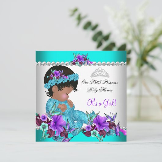 プリンセスベビーシャワーガールティール(緑がかった色)ブルーパープル3 招待状 (スタンド正面)