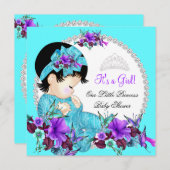 プリンセスベビーシャワーガールティール(緑がかった色)ブルーパープルD2 招待状 (正面/裏面)