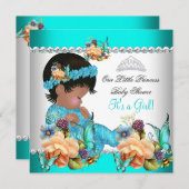 プリンセスベビーシャワーガールティール（緑がかった色）ブルーフラワーズ 招待状 (正面/裏面)