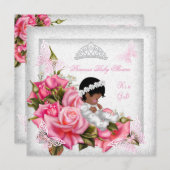 プリンセスベビーシャワーガールバタフライピンクローズ3 招待状 (正面/裏面)