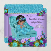 プリンセスベビーシャワーガールパープルティール（緑がかった色）ブルーチェア2 招待状 (正面/裏面)