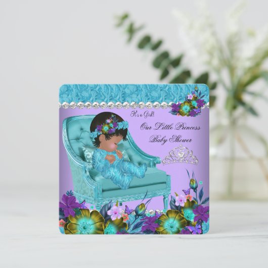 プリンセスベビーシャワーガールパープルティール（緑がかった色）ブルーチェア2 招待状 (スタンド正面)