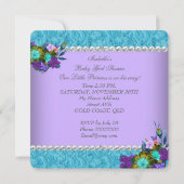 プリンセスベビーシャワーガールパープルティール(緑がかった色)ブルーチェア2 招待状 (裏面)