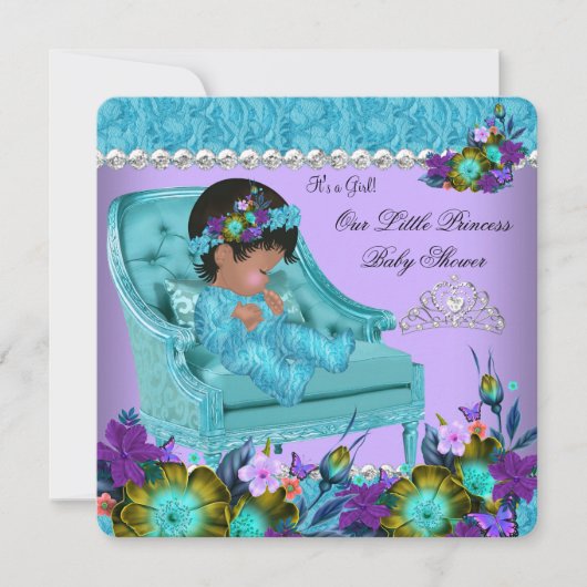 プリンセスベビーシャワーガールパープルティール（緑がかった色）ブルーチェア2 招待状 (正面)