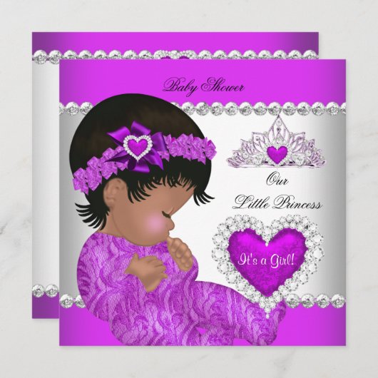 プリンセスベビーシャワーガールパープルピンクハート 招待状 (正面/裏面)