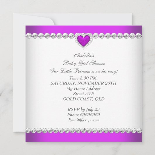 プリンセスベビーシャワーガールパープルピンクハート 招待状 (裏面)