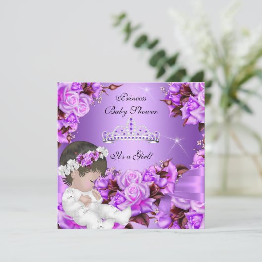 プリンセスベビーシャワーガールパープルピンクローズボウ3 招待状 (スタンド正面)