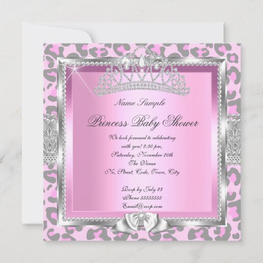 プリンセスベビーシャワーガールピンクグレーヒョウ 招待状 (裏面)
