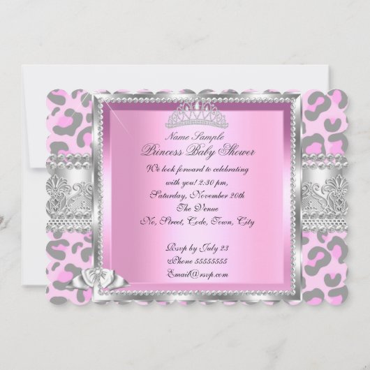 プリンセスベビーシャワーガールピンクグレーレオパード4 招待状 (裏面)