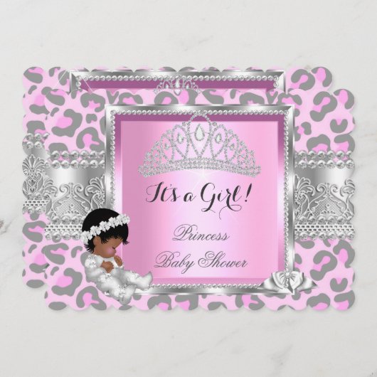 プリンセスベビーシャワーガールピンクグレーレオパード4 招待状 (正面/裏面)