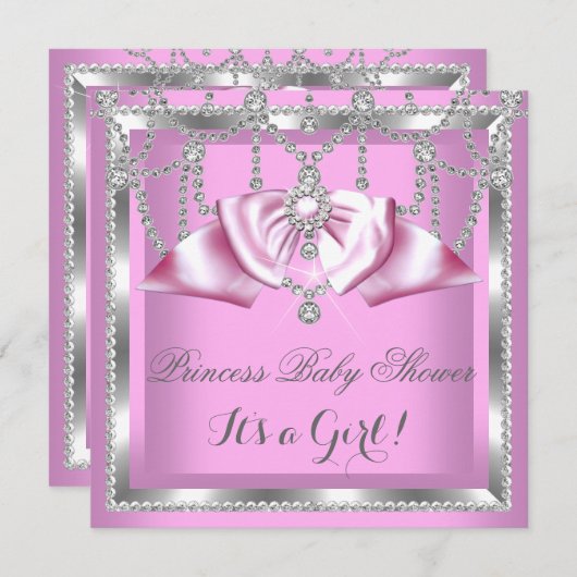 プリンセスベビーシャワーガールピンクシルバーダイヤモンド 招待状 (正面/裏面)