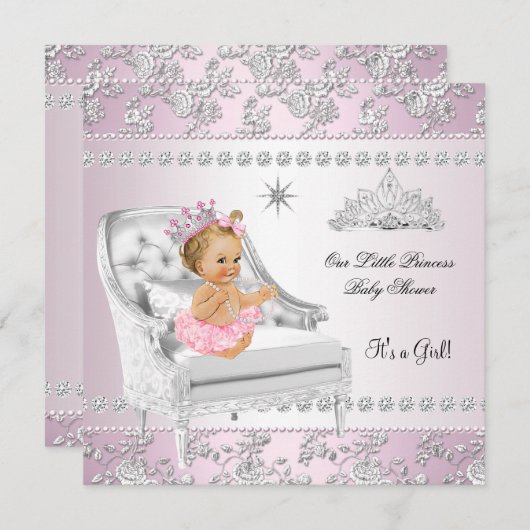 プリンセスベビーシャワーガールピンクシルバーチェアブロンド 招待状 (正面/裏面)