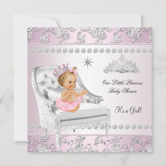 プリンセスベビーシャワーガールピンクシルバーチェアブロンド 招待状 (正面)